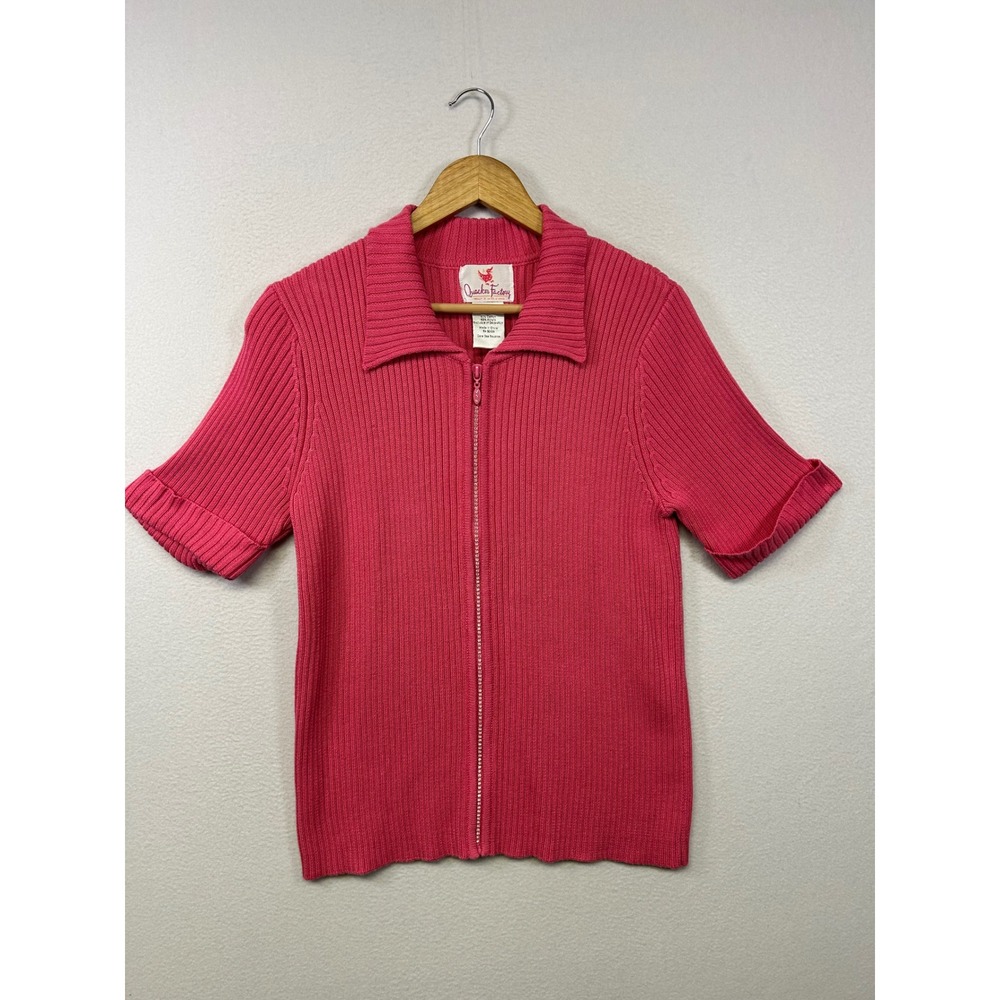 Barbiecore Quacker Factory Women Med Pink Rhinestone Zip Ribbed Cardigan Sweater